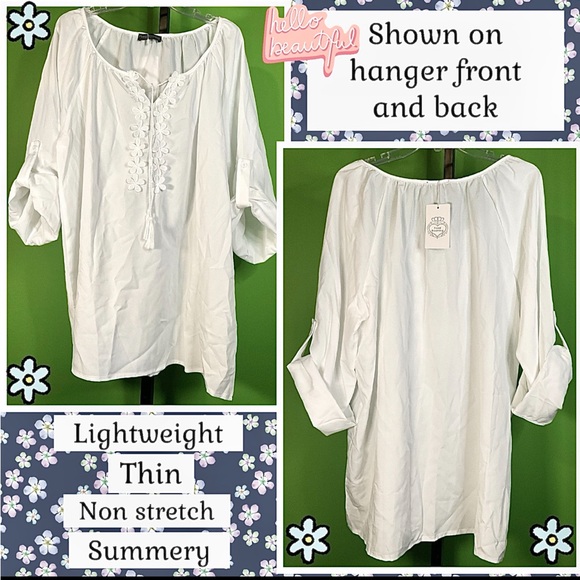 NWT WHITE LIGHTWEIGHT BLOUSE W FLORAL APPLIQUÉ &TASSEL TIESFITS CLOSER TO 3X - Picture 3 of 13
